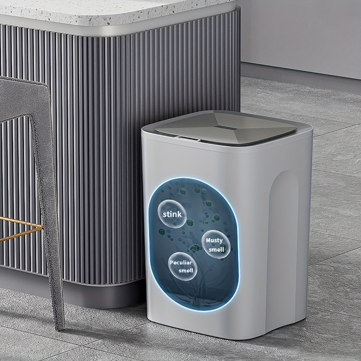 The Smart Touchless Trash Can features automatic open and close functions, operates quietly, and has a waterproof design ideal for home use.