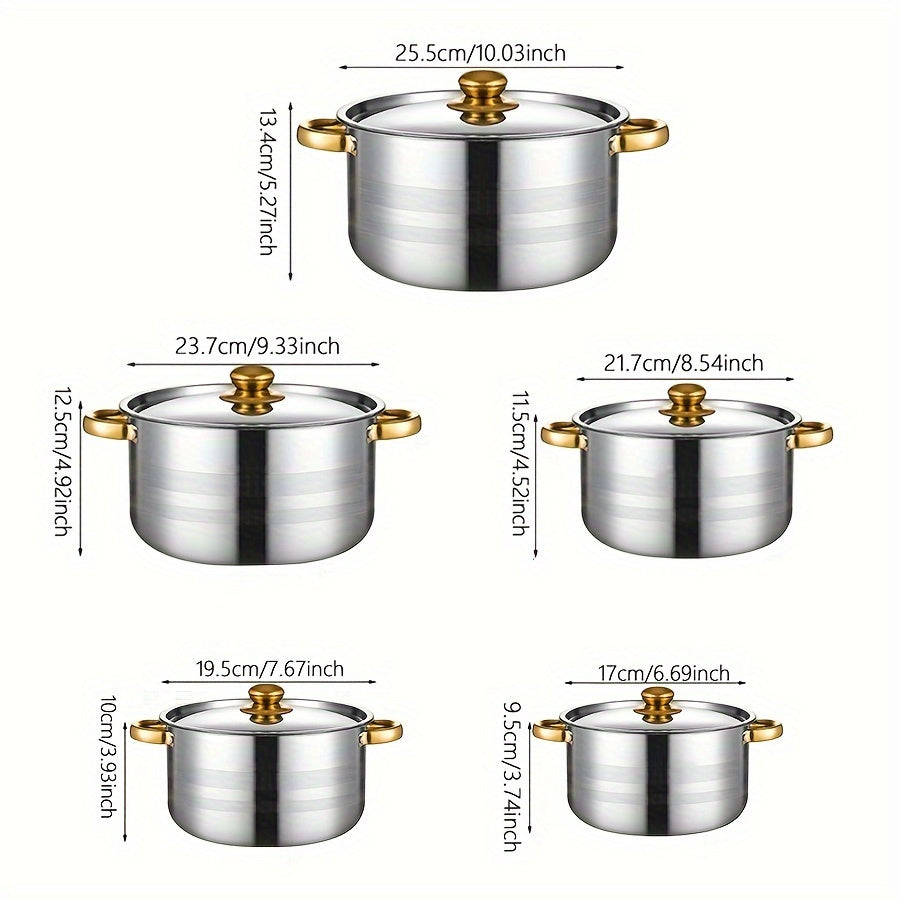 This set includes 10 stainless steel pots with sizes ranging from 16.99cm to 25.5cm. Each pot comes with a lid and is designed for use with both induction cookers and gas stoves. The pots feature double handles and deep lids, making them ideal for