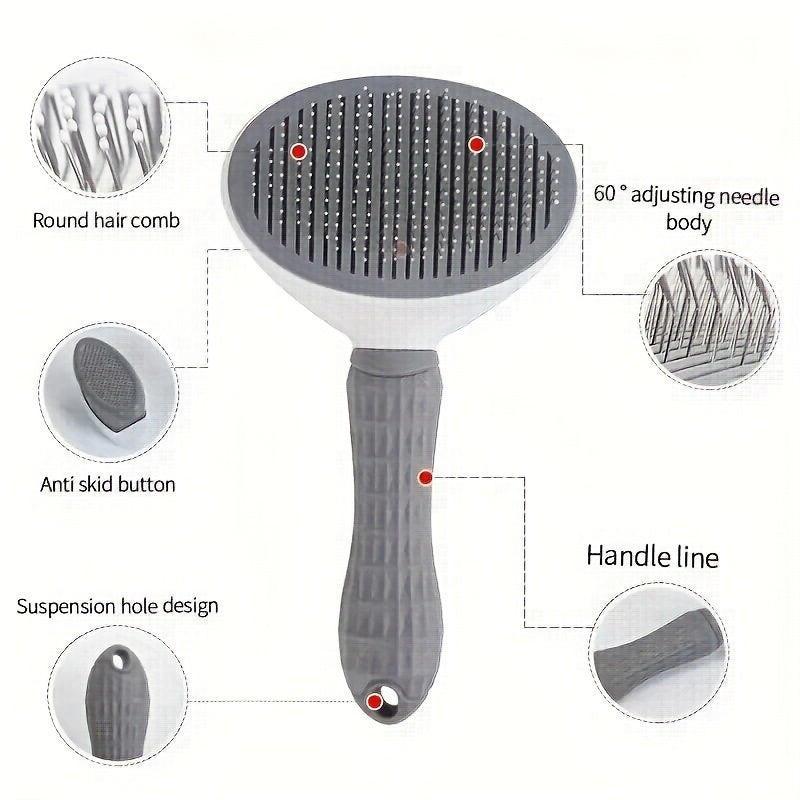 Pet hair remover comb with adjustable needle body and anti-skid button - ideal for cats and dogs, easy to clean.