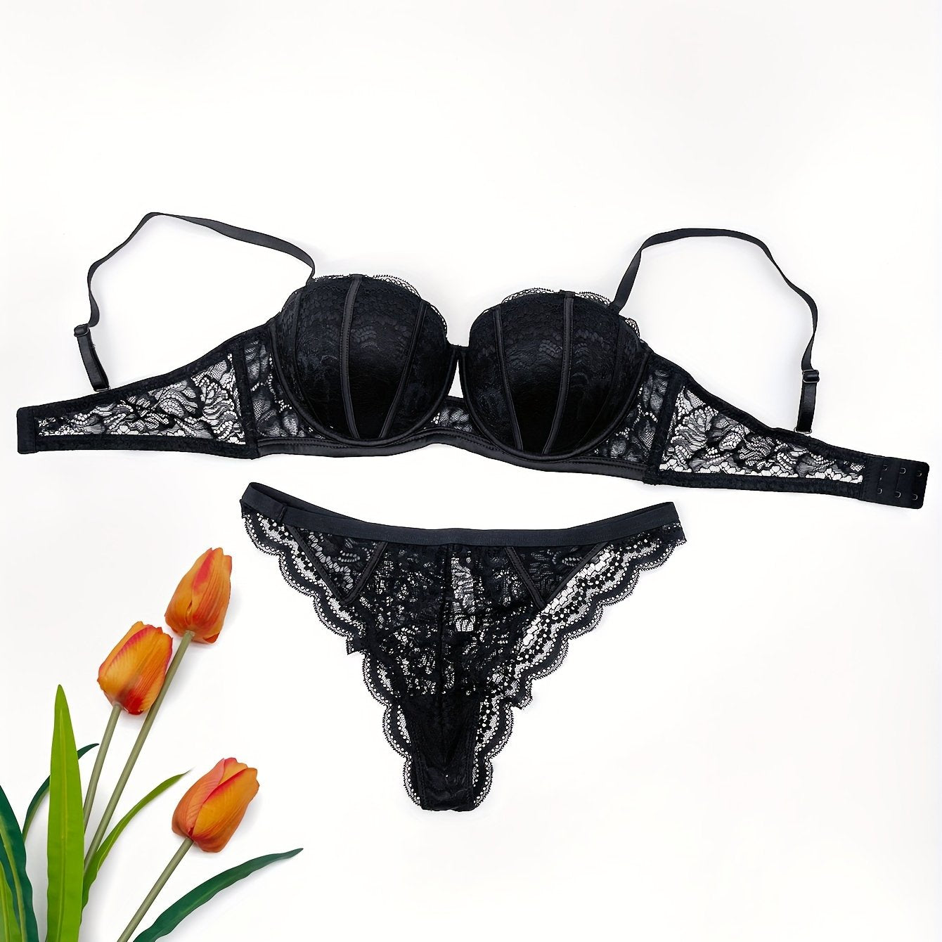 Floral lingerie set with lace embroidered push-up bra and panty, designed for small busts and features anti-sagging adjustable bralette.