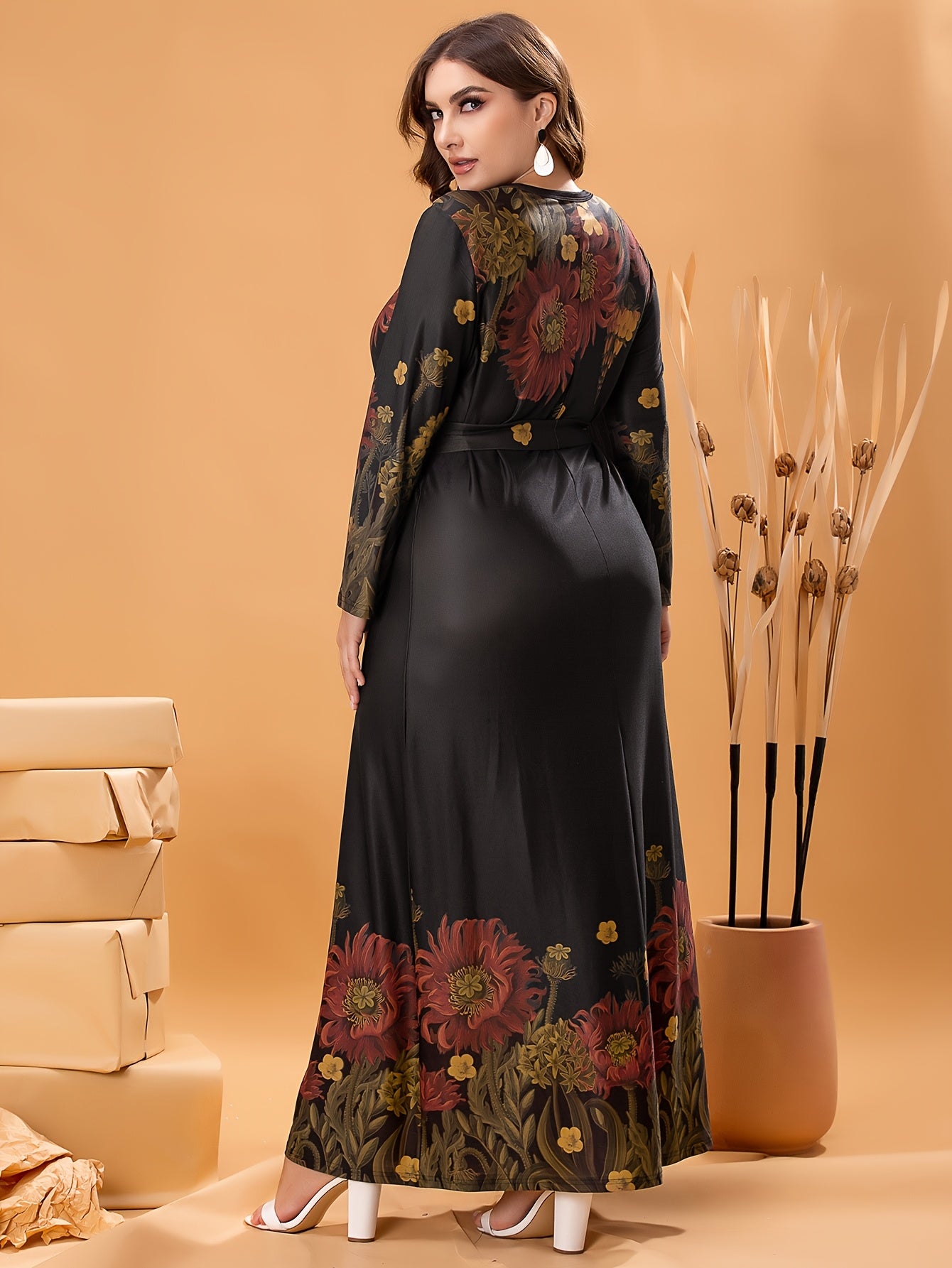 Elegant plus size floral print dress with belt, stretchy polyester, long sleeves, round neckline, A-line silhouette, machine washable, perfect for all seasons, casual outdoor wear.