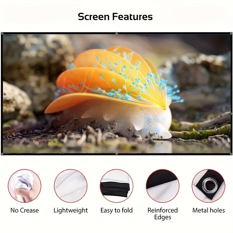 Portable 4K HD foldable projector screen for indoor and outdoor use with anti-wrinkle material. Dual-sided viewing with 16:9 aspect ratio, available in sizes ranging from 152.4cm to 3.81