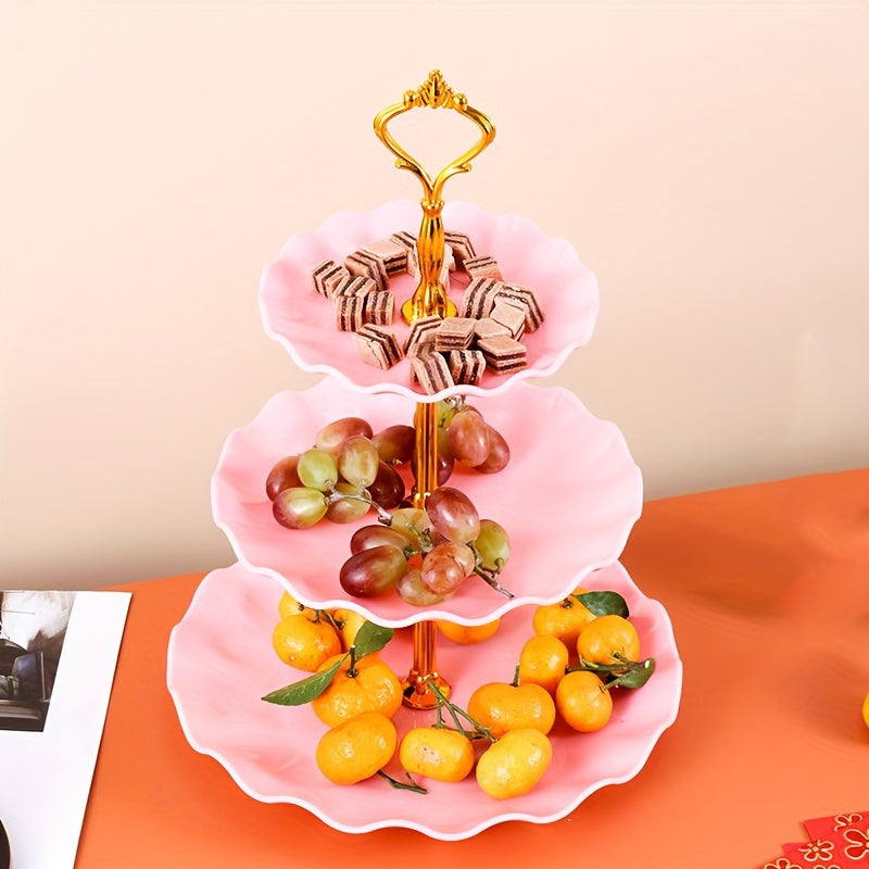 Three-layer candy plate for household living room, ideal for storing dried fruit. Creative multi-layer plastic fruit basket in festive New Year style.