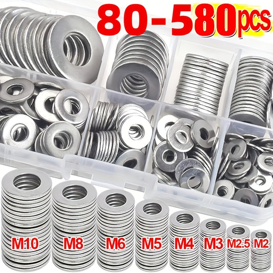 Assortment kit with 80-580pcs Stainless Steel Flat Washers (M2-M10) for various applications including home decoration, repairs, kitchens, shops, and outdoor construction.