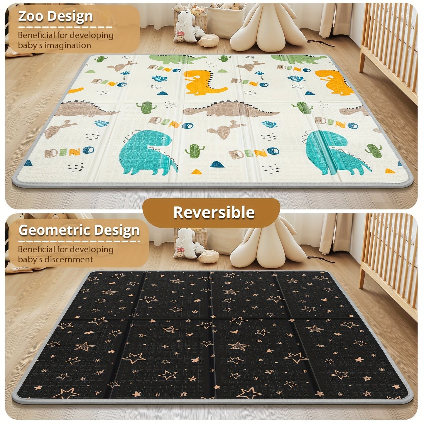 Play Mat with Dinosaur and Alphabet Patterns, Reversible and Foldable, 127.0x127.0 cm, 1.52 cm Thick, Waterproof PE Surface, Non-Slip, Portable Floor Mat for Indoor Play Yard, Perfect Gift for Christmas and Thanksgiving