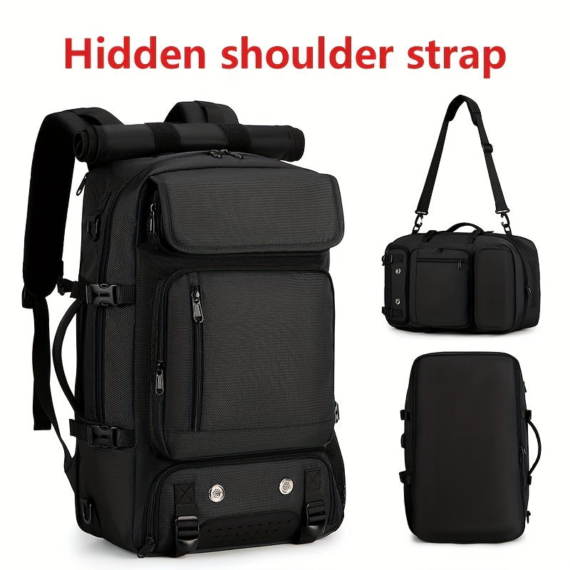 Durable black backpack for hiking and camping with large waterproof capacity, shoe compartment, and adjustable straps. Made from polyester.