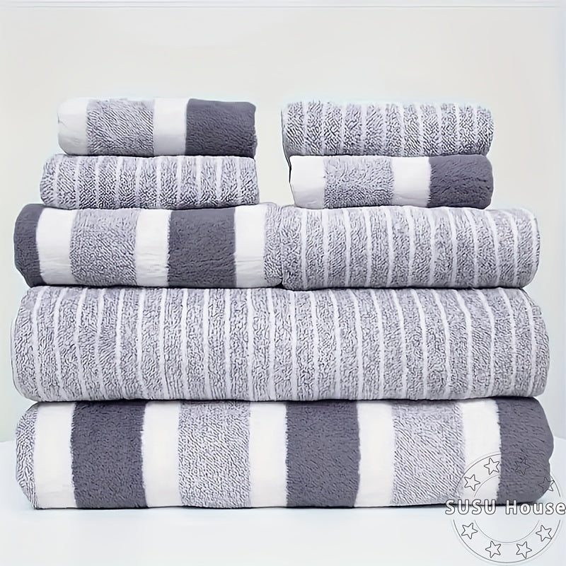 Upgrade your bathroom with our luxurious 8-piece striped ultrafine microfiber towel set! This set includes 4 washcloths, 2 hand towels, and 2 bath towels, all designed to be incredibly absorbent and quick-drying. Made from super soft and thick polyester