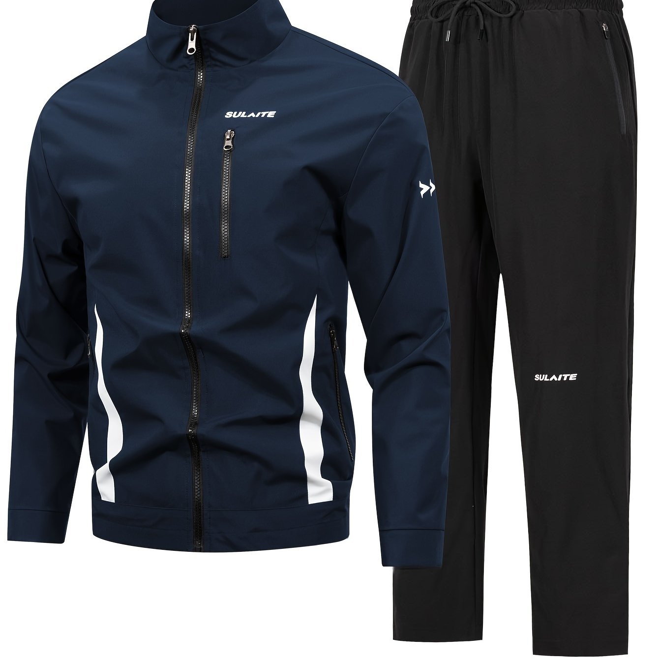 Green & black striped tracksuit set for men made of 100% polyester, suitable for machine washing. Features a zip-up jacket with stand collar and matching joggers, ideal for outdoor racing