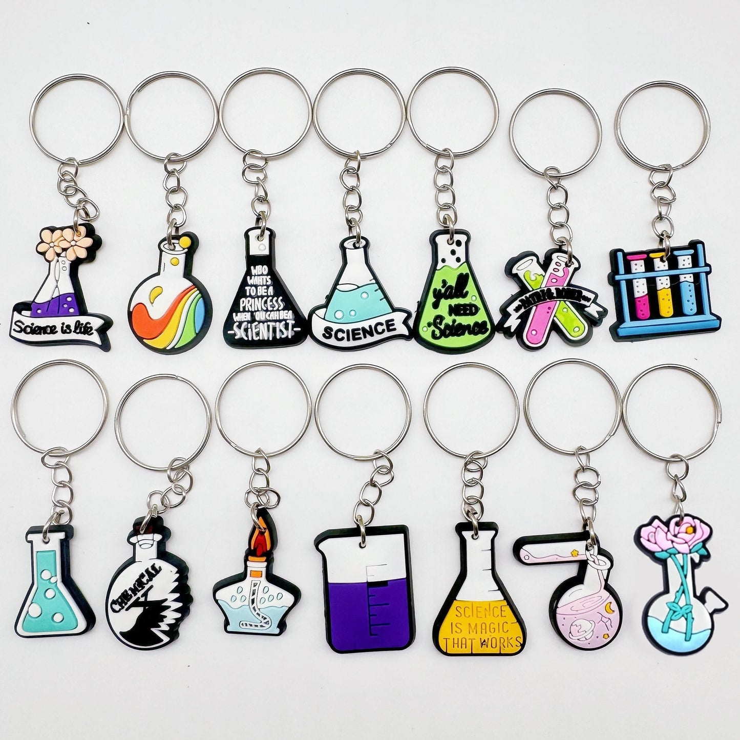 Keychain Set with Chemistry and Biology Lab Themes, featuring Test Tubes, Beakers, Alcohol Lamps, and Triangular Bottles - Ideal for Students and School Decoration, Inspired by Science.