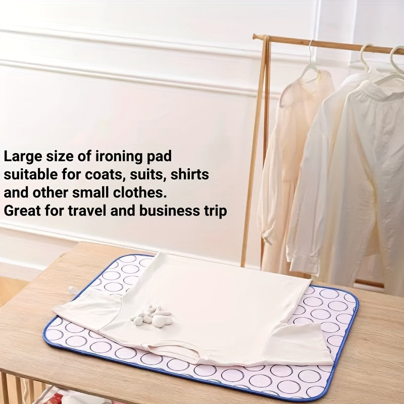 Set of 2 items: Ironing mat and silicone iron rest pad that are foldable and can withstand high temperatures. The ironing mat is 6-layer thick, heat-resistant, waterproof, and has a non-slip surface suitable for both home and travel use. It can also be