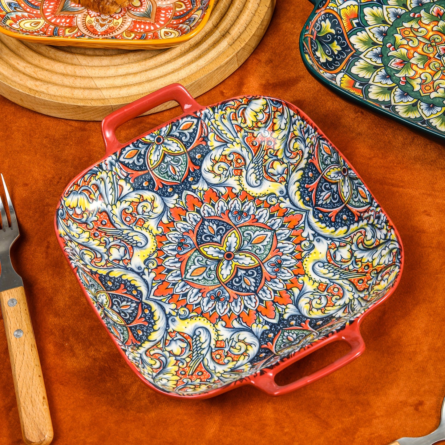 Square ceramic serving tray with floral design and double handles, perfect for any season.