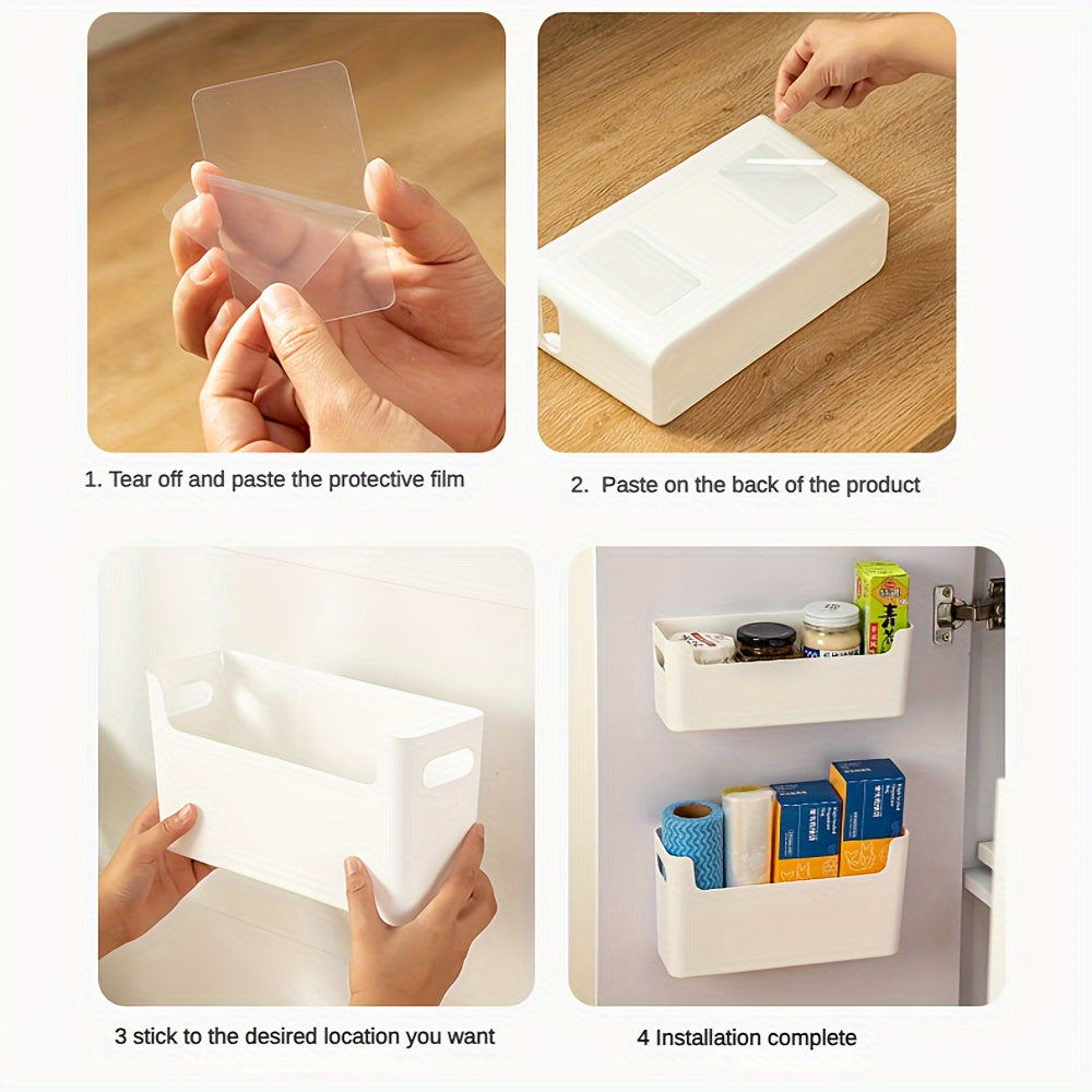 Space-saving white PP wall-mounted kitchen cabinet door organizer with hooks for cling film and preservation bags, made of durable PP material.