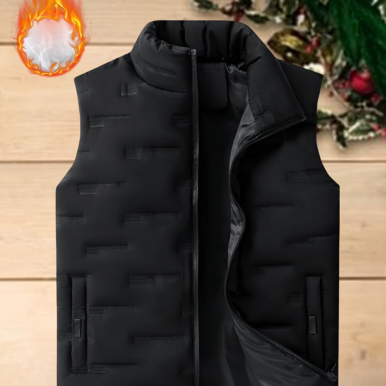 Men's Sleeveless Vest in casual black polyester with stand collar and geometric pattern. Features zip-up closure with pockets, lightweight and warm for autumn/winter, ideal for layering.