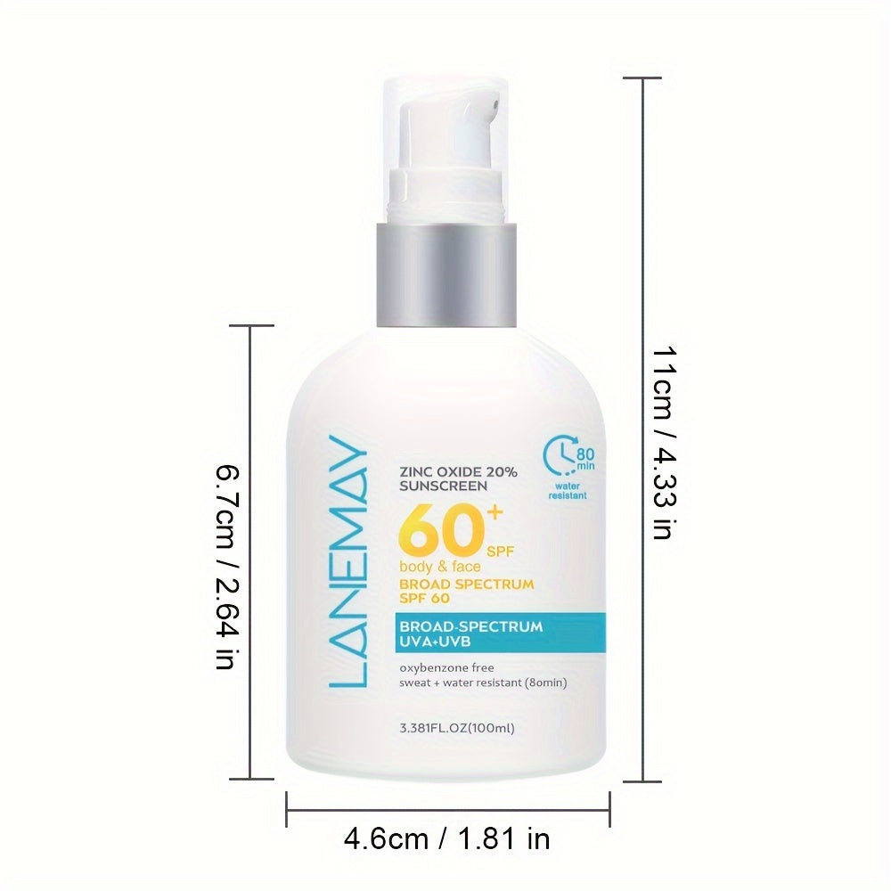 Lanemay SPF 60 Sunscreen Lotion with 20% Zinc Oxide for UVA/UVB Protection, Water & Sweat Resistant, Hyaluronic Acid & Vitamin E, 3.38 fl oz