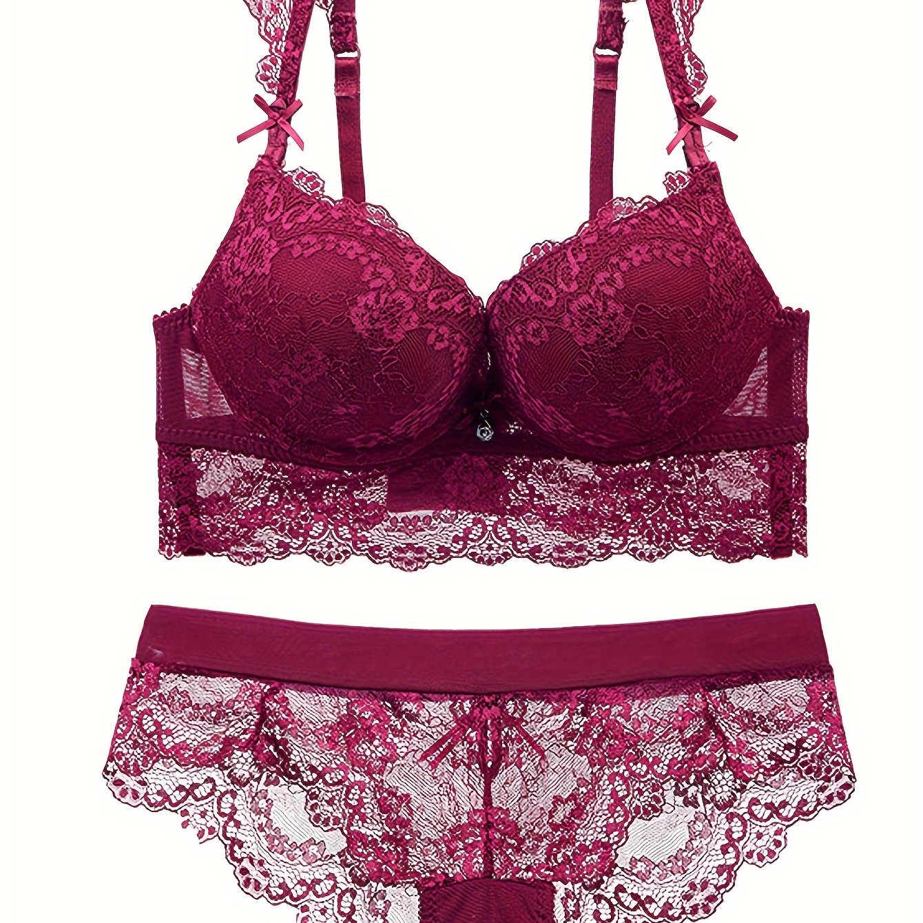 Women's bra set with sexy lace, push-up design, and thick cups made of high-quality material for small chests.