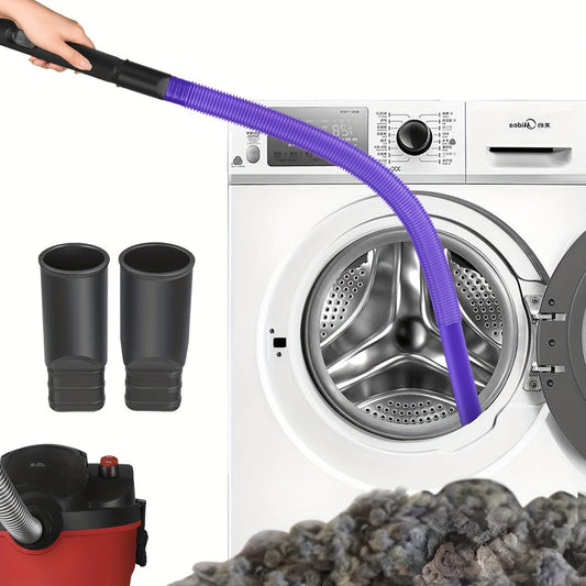 The kit for cleaning dryer vents comes with a vacuum hose attachment and includes adapters for both 32mm and 35mm. It is compatible with most handheld vacuums and includes a lint remover. The kit is colored purple.