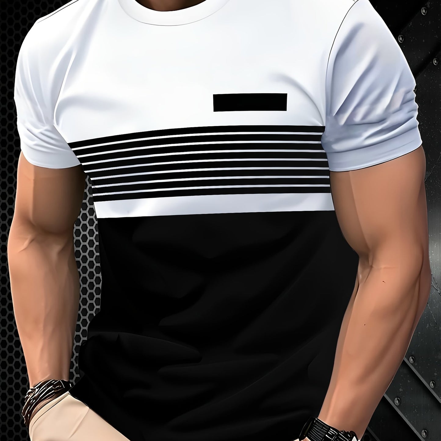 Men's striped 3D print tee - breathable poly blend, crew neck, short sleeve summer top.