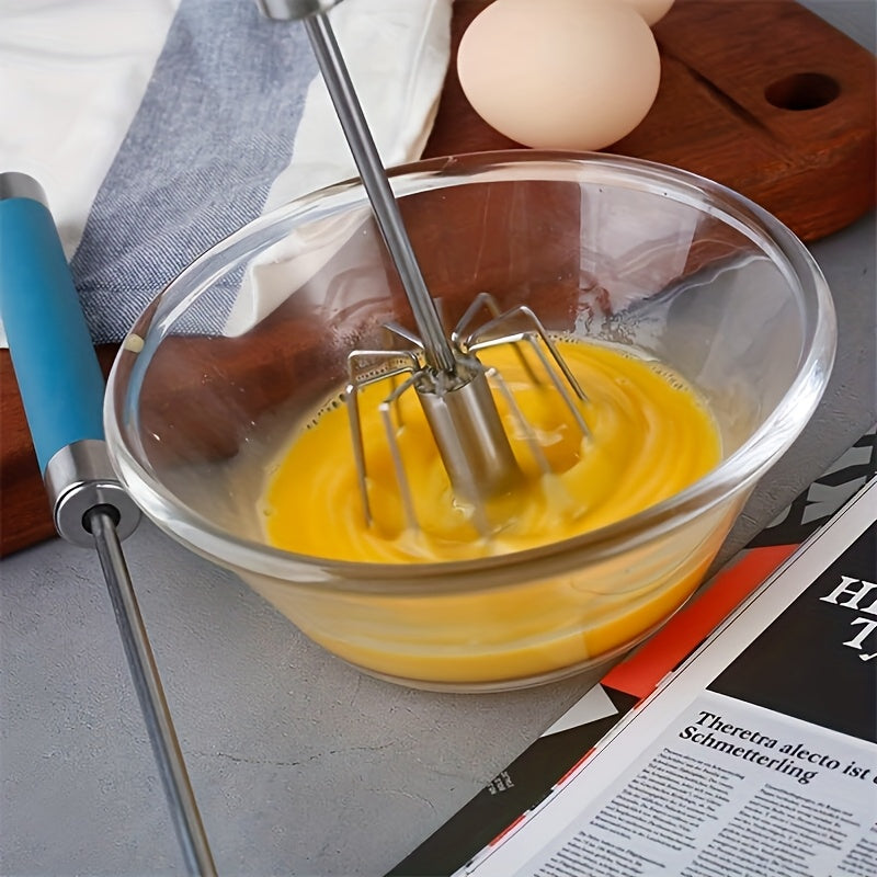 Manual Egg Beater with Luxury Rotating Mixer for Fluffy Pancakes and Perfectly Whisked Eggs - Stainless Steel, Portable and Easy to Clean. Ideal for Home Baking, Camping, and Picnics. Great for Scrambled Eggs and Protein Foam. Non-slip and space-saving