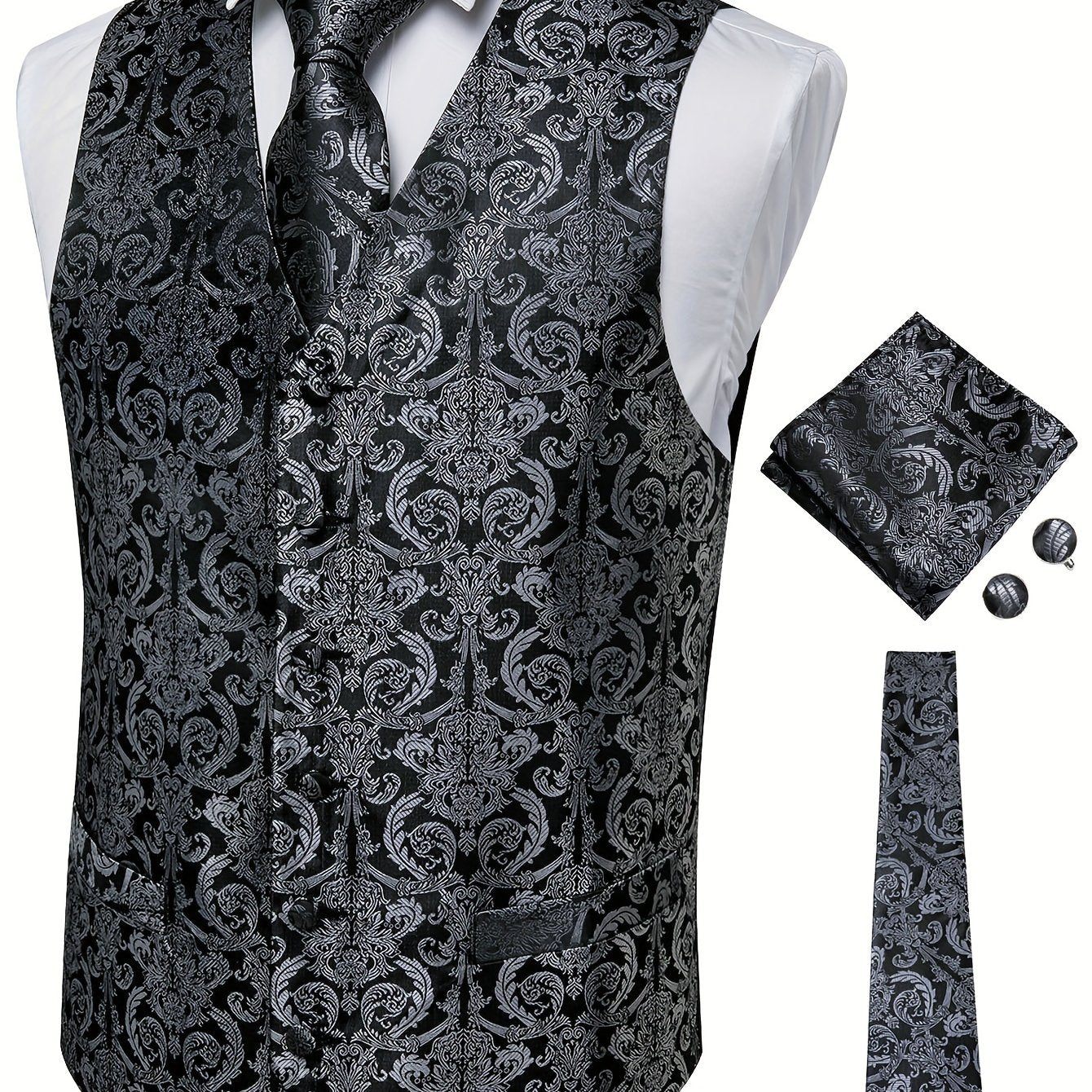 Stylish paisley suit vest set with matching accessories for plus size men.