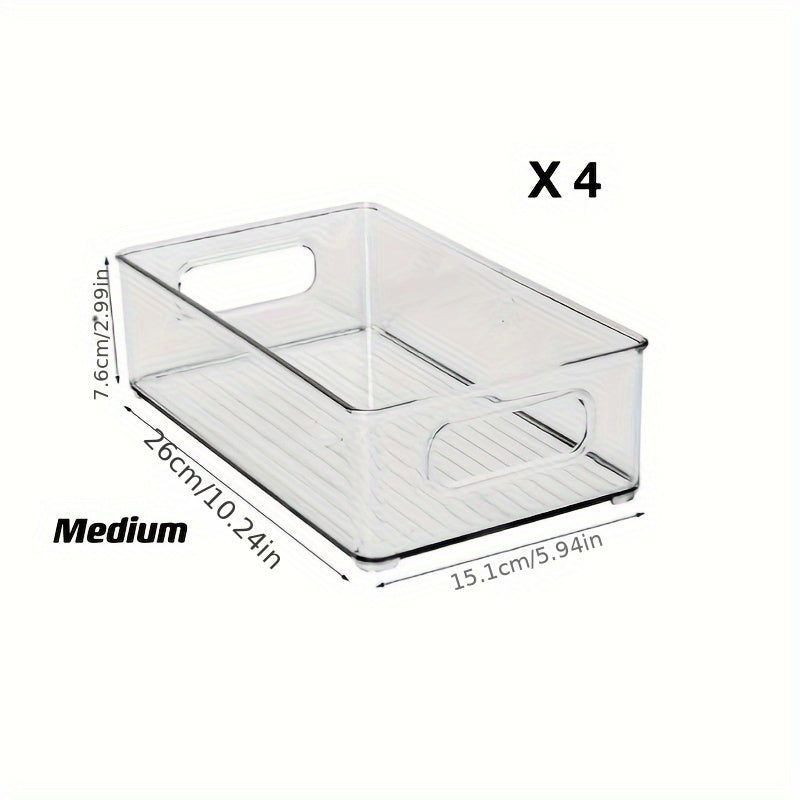 Lachesis Stackable Refrigerator Organizer Bins Set includes 2 large and 2 small bins, made of clear plastic with handles. These bins are versatile and can be used in the fridge, freezer, pantry, cabinets, drawers, or shelves for organizing fruits and