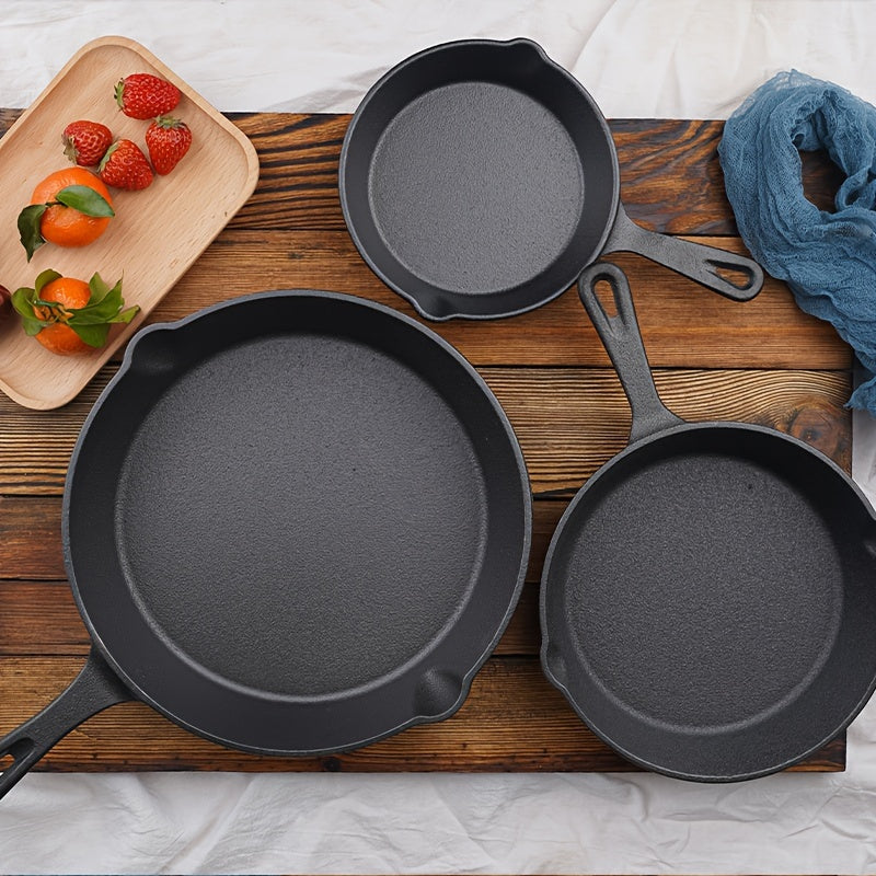 One set of three Cast Iron Skillets and Frying Pans featuring Drip-Spouts, Pre-seasoned for Oven Safety. Ideal for Camping, Indoor and Outdoor Cooking, Grill use, and Restaurant Chef Quality.