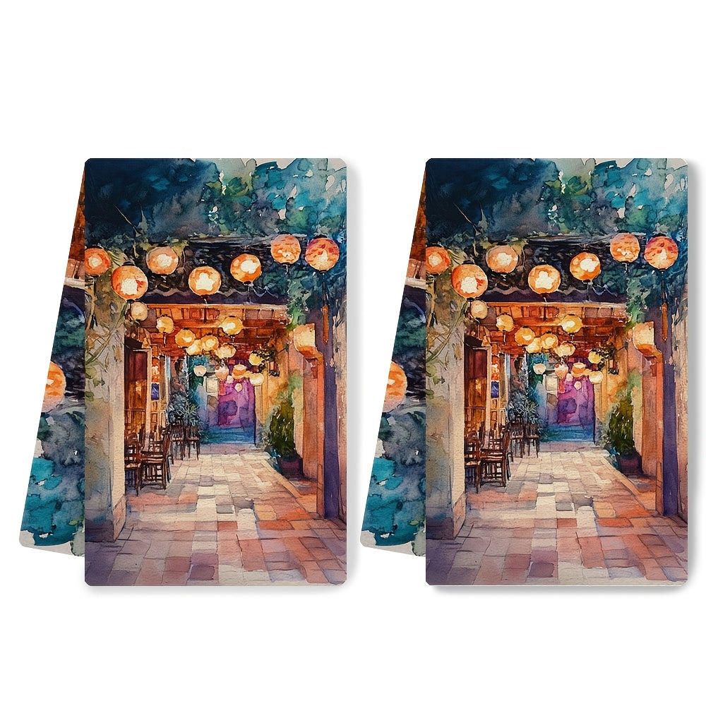 Two pieces of kitchen towels featuring an "Enchanting Lantern-Lit Courtyard" design. These ultra soft towels are highly absorbent, machine washable, and have a contemporary style. Measuring 40.64x60.96 cm, they are perfect for holiday decor.