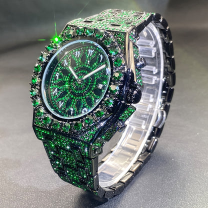 New men's hip hop watch with date party green ice rhinestone clock, fashion quartz watch luxury.