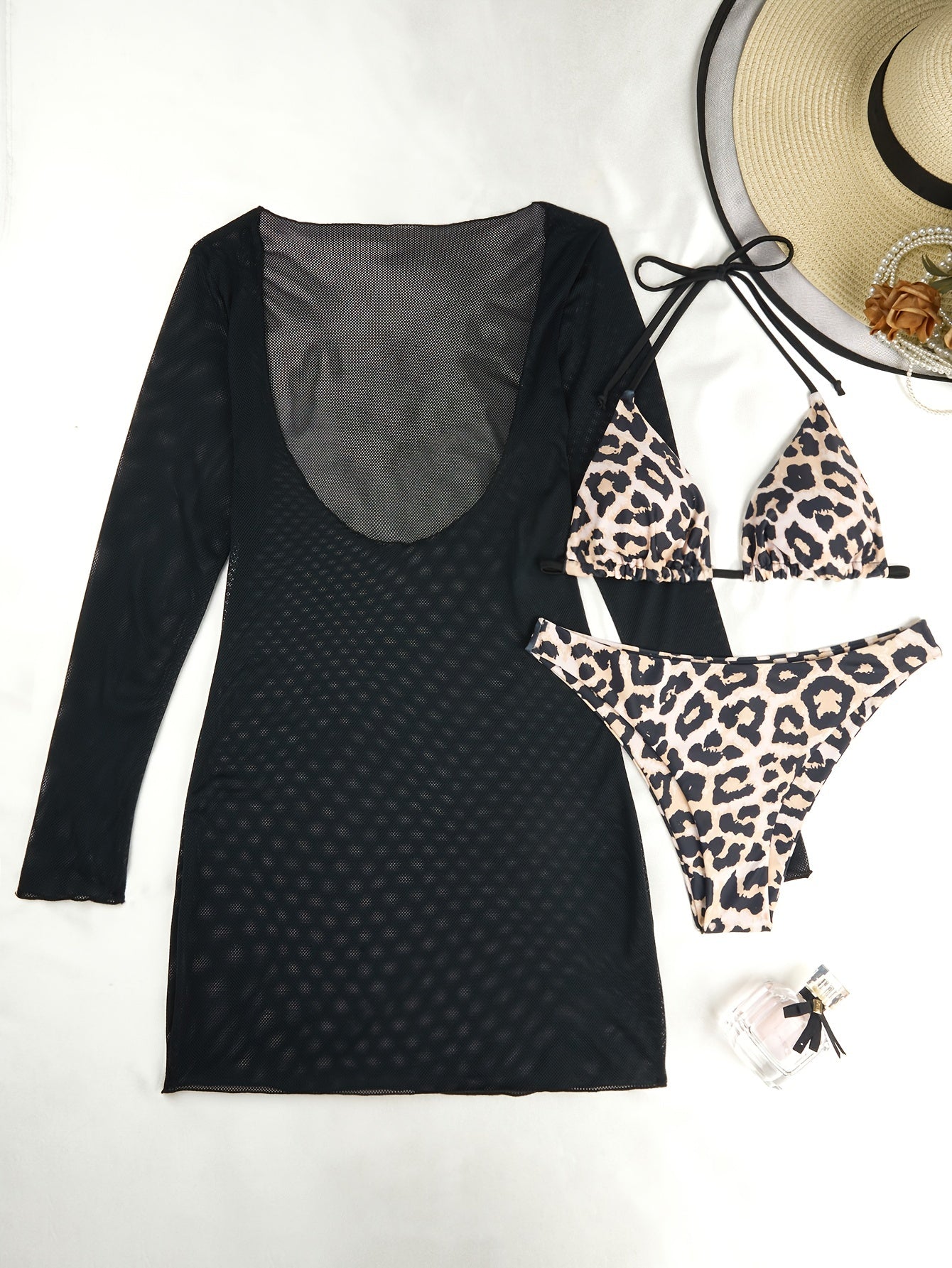 Leopard print bikini set with mesh cover-up and sun protection for women's beachwear