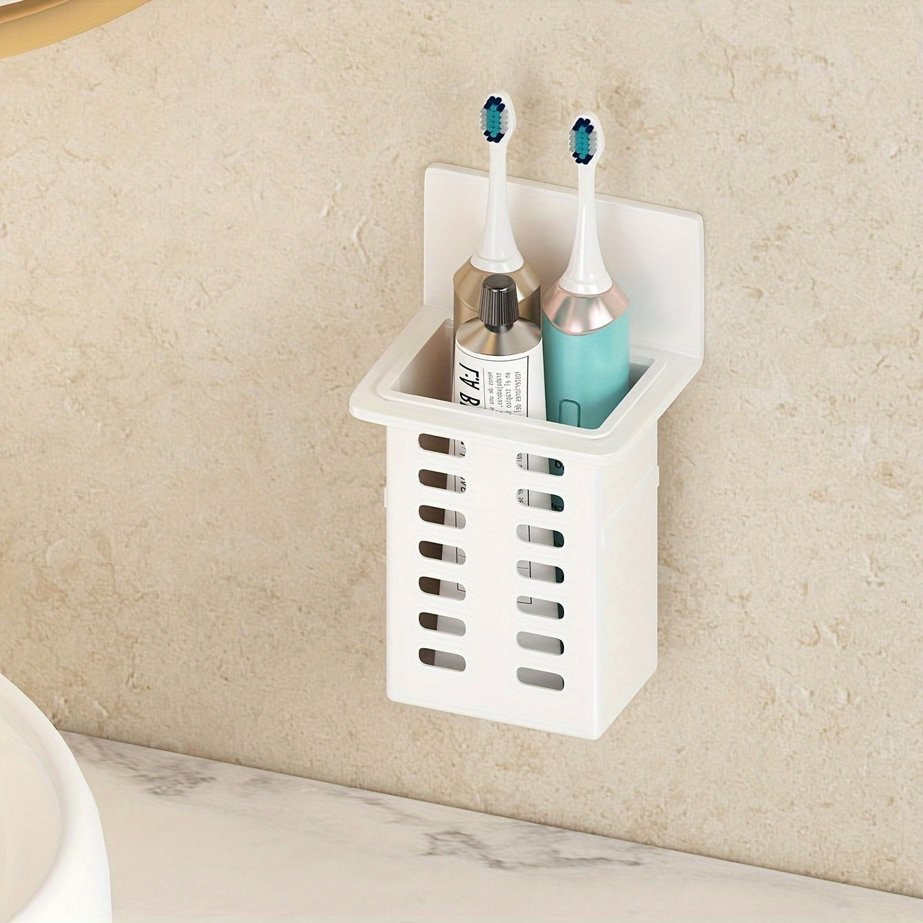 1 wall-mounted toothbrush holder for bathroom storage and organization with multifunctional toothpaste and toothbrush container.