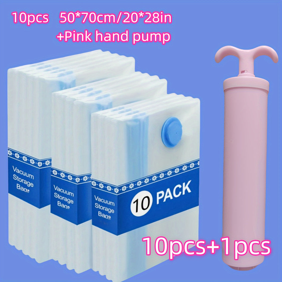 Set of 10 Vacuum Storage Bags 50*70cm/20*28in with Pink Hand Pump, Versatile Plastic Bags with Zipper Closure, Ideal for Saving Space while Traveling, Camping, Moving, and Organizing your Home & Kitchen