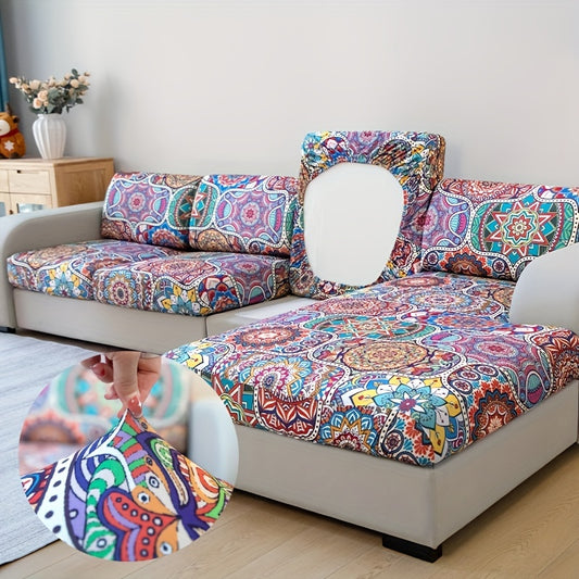 Vibrant bohemian sofa cushion cover with colorful print and paisley design. Fits single to four-seater sofas, elastic and stretchable fabric. Machine washable, 200-250g weight. Ideal for living room sofas.