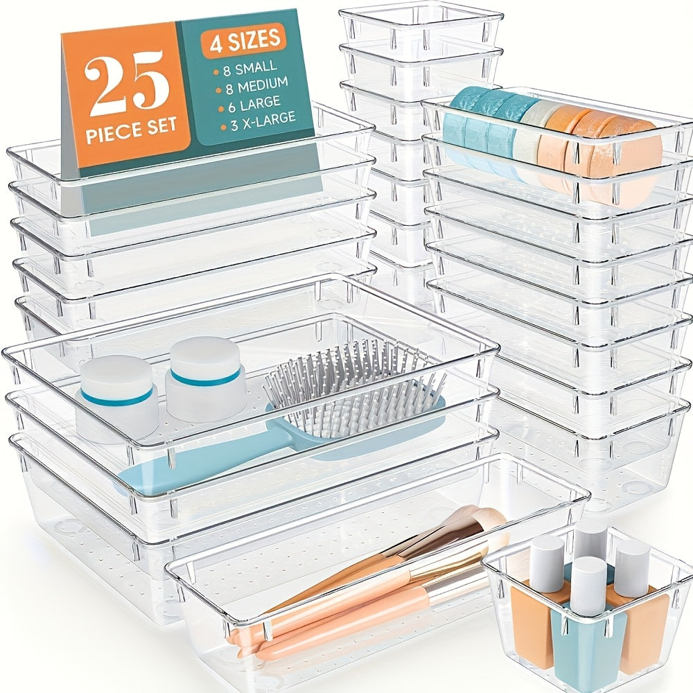 25-piece set of transparent stackable PET plastic drawer organizers with non-slip partitions for kitchen, bathroom, cosmetics, and jewelry organization.