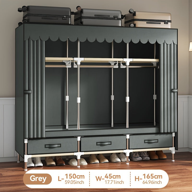 This modern wardrobe features a durable steel frame and sliding curtain for a sleek and space-saving design. Perfect for bedroom or dorm storage, this portable closet is both sturdy and stylish.