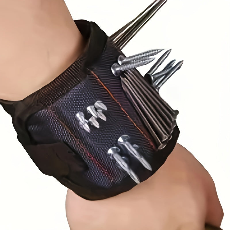 Durable fabric wristband with adjustable magnets for electricians and carpenters. Secure screw fastening, no power required for organizing tools.