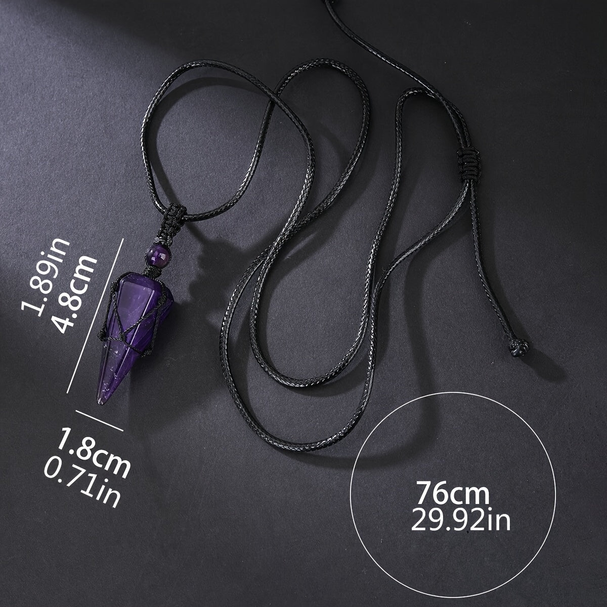 Fashionable Men's Hexagonal Cone Pendant Necklace with Braided Rope - Natural Amethyst Crystal Accent