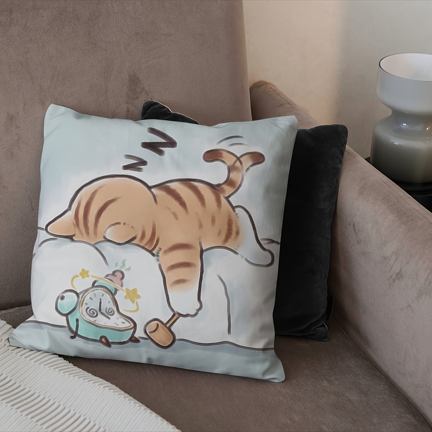 Cute cartoon cat plush pillowcase with zipper, single-sided print. Perfect for home decoration. Size: 45.72×45.72 cm. Pillow core not included.