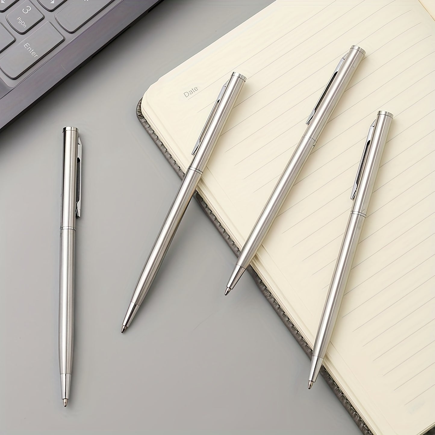 5 elegant silvery stainless steel ballpoint pens with durable medium points, twist action, and smooth writing for adults 14+. Ideal for office use and gifting.