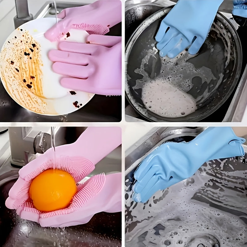 1 pair of Kitchen Silicone Dishwashing Gloves for Housework Cleaning with Waterproof Insulation and Magic Gloves, includes Dishwashing Brush