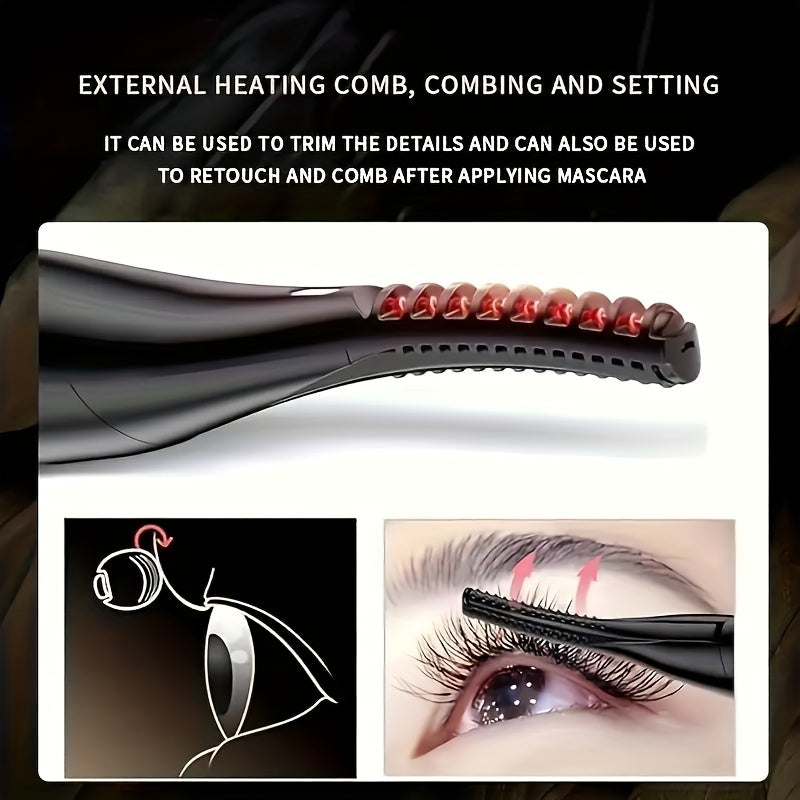 Electric eyelash curler with heated brush, USB rechargeable, 3 temperature settings, quick preheat, portable for travel, long-lasting curl, lithium polymer battery.