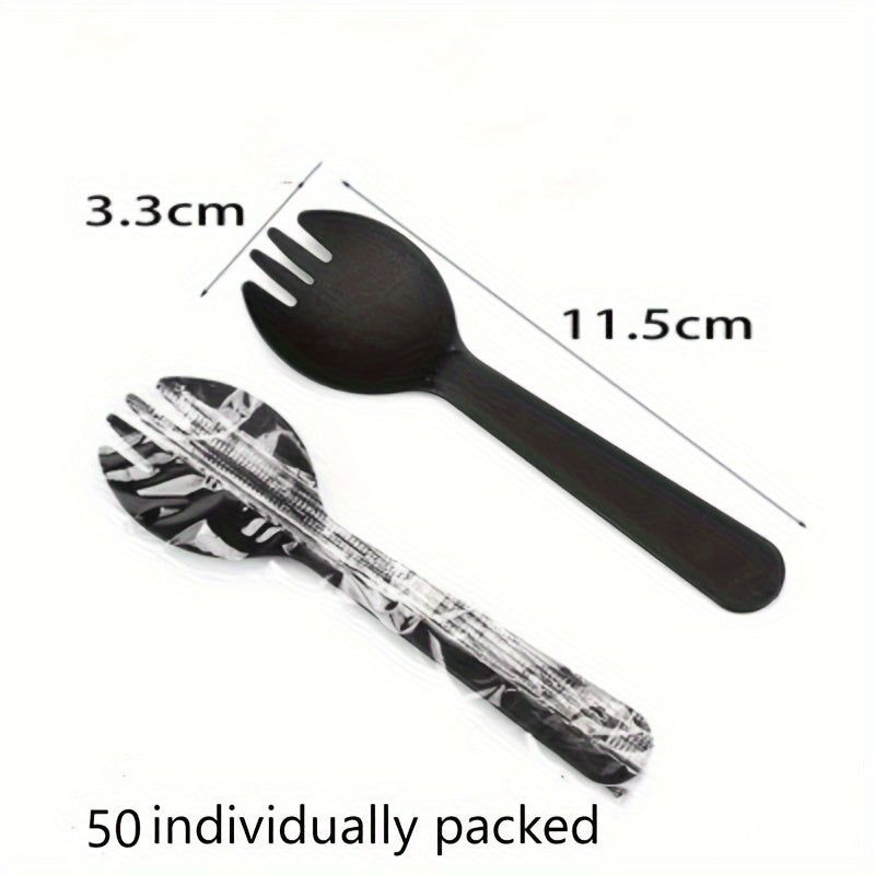 50 or 100 pieces of disposable spoons and forks, each in independent packaging. Made of plastic, these ice cream forks are perfect for desserts. Sporks are also included in this set. These thickened cake and dessert spoons are ideal for use in the home