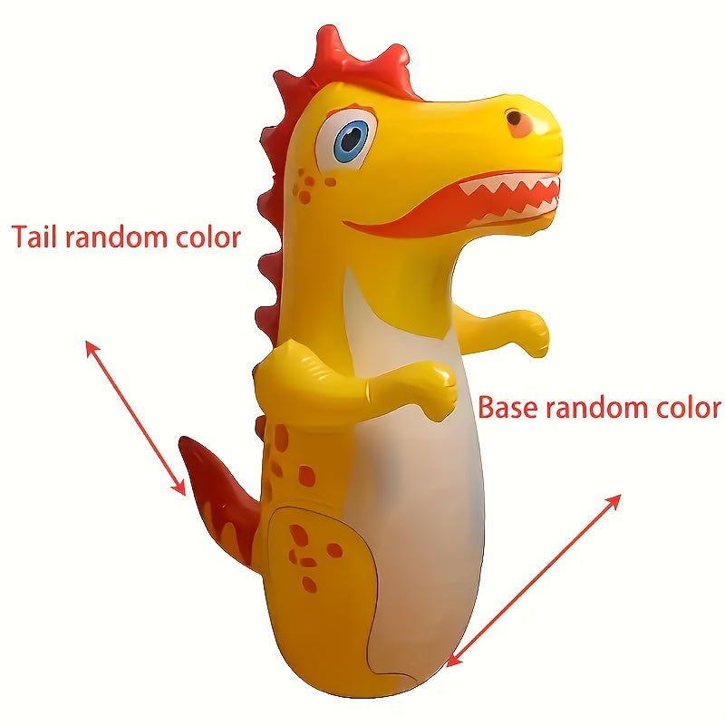 Inflatable dinosaur punching bag for kids, made of durable PVC, suitable for ages 3-6, for outdoor exercise and play. Available in yellow, green, and rose red.