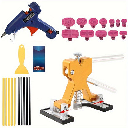 Car dent removal kit with paintless dent repair tools, including a suction cup dent puller tool.