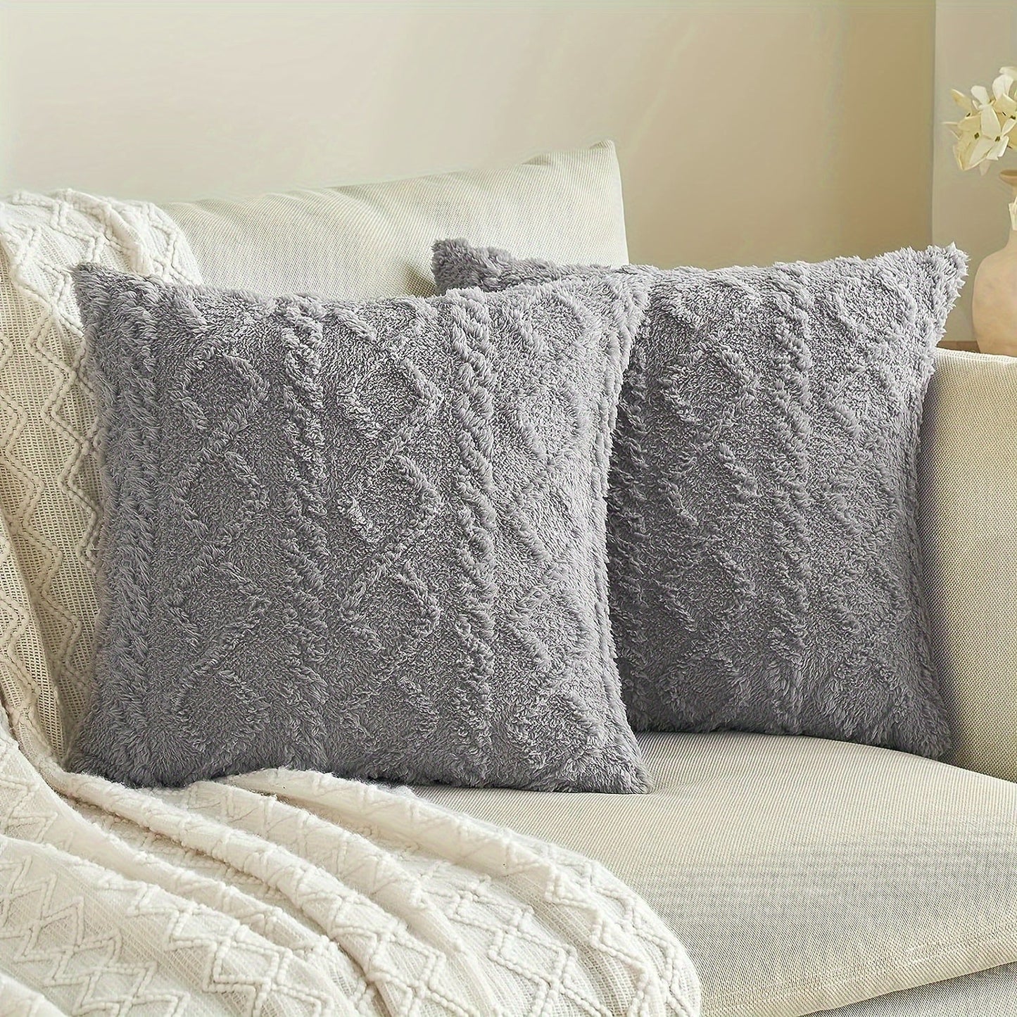 Soft plush geometric pattern throw pillow cover with a cozy and modern decorative cushion case featuring a zipper closure. Made of machine washable polyester in a blue and white herringbone design, perfect for use on the sofa or in the bedroom. Ideal for