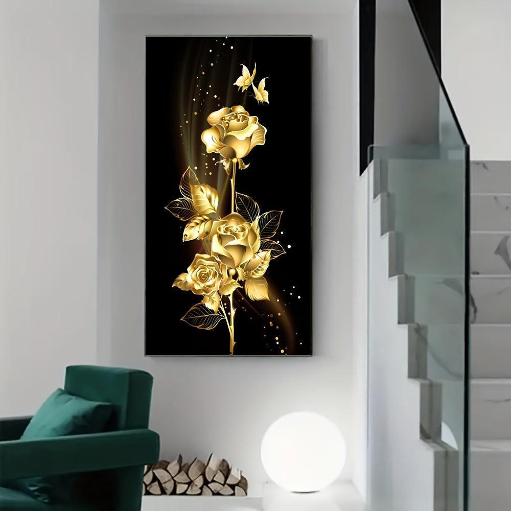 Golden Rose Flower Canvas Print for Modern Wall Decor in Living Room