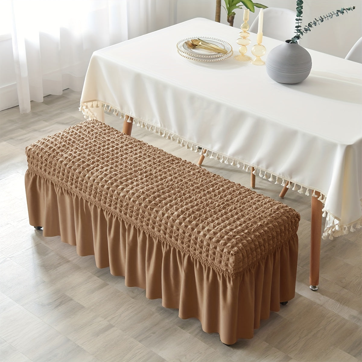 Protect your furniture in style with our durable seersucker bench cover, the perfect home decor accessory for any bedroom, office, or living room.