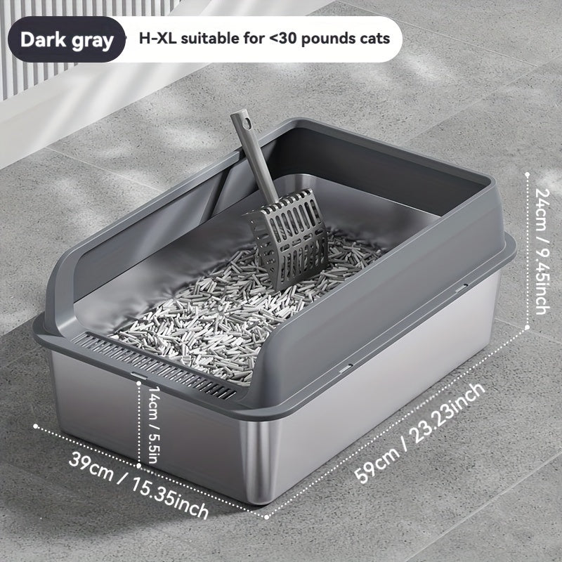 Large stainless steel litter box with splash guard cover for easy cleaning.