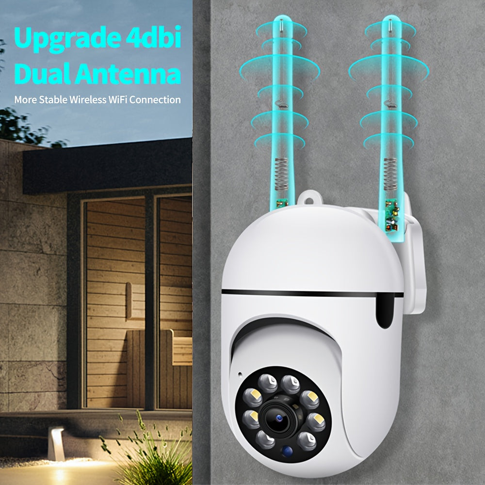 Wireless security camera with dual antenna, indoor wall mount, Android and app control, night vision, motion and audio alert, color display, USB powered, WiFi connectivity.