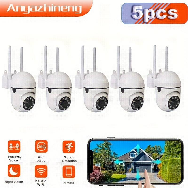 Anyazhineng offers a 5-pack of wireless surveillance cameras featuring 1080P HD video quality, 360° pan-tilt functionality, two-way audio communication, motion detection capabilities, night vision technology, Wi-Fi connectivity, USB power source, round