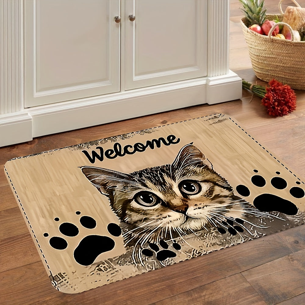 Charming Cat Design Welcome Mat - Durable, Grip-Enhancing, Easy-Clean Polyester Rug for Living Room, Bedroom, or Game Area