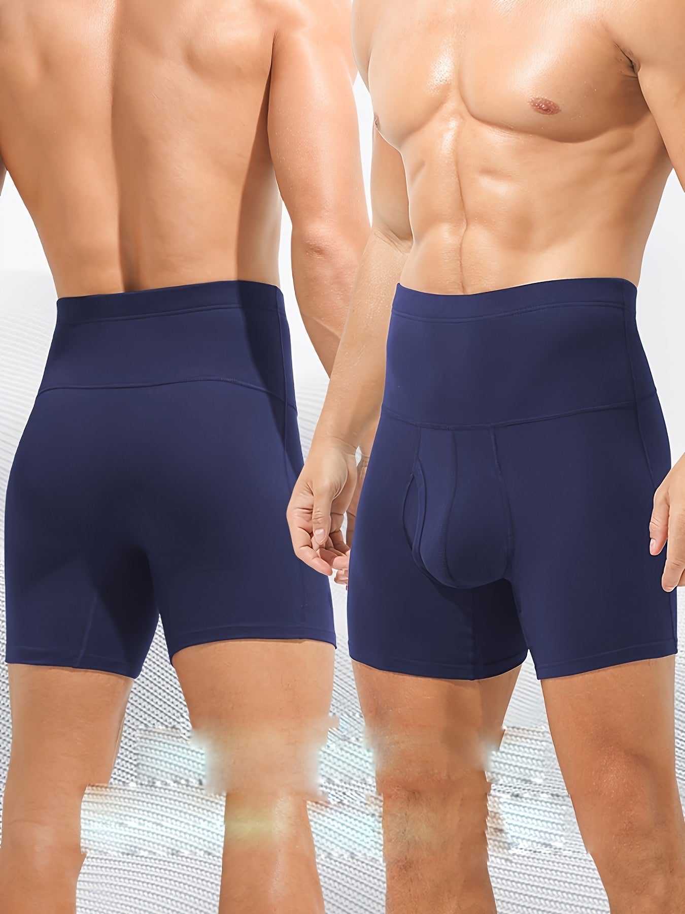 Men's super high-waisted long boxer briefs with front opening, extended leg length, and breathable, soft pure cotton material. Available in black, gray, and royal blue.